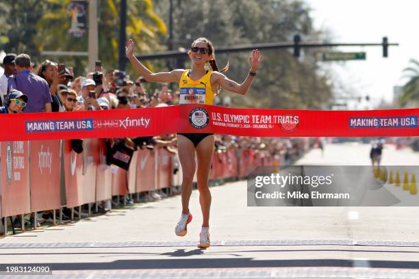 Fiona O'Keeffe crosses the finish line to place first during the 2024 U.S. Olympic Team Trials - Marathon on February 03, 2024 in Orlando, Florida.