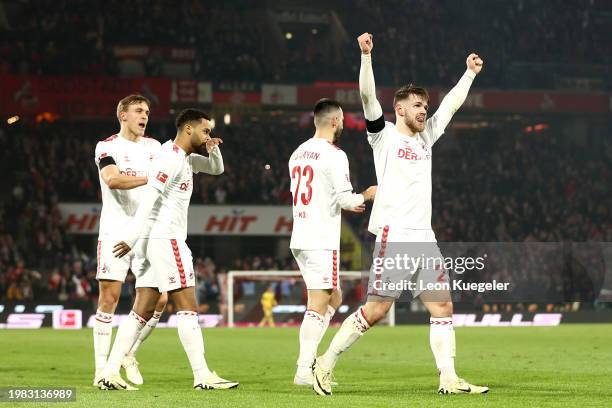 Jan Thielmann of 1.FC Köln celebrates scoring his team's second goal during the Bundesliga match between 1. FC Köln and Eintracht Frankfurt at...