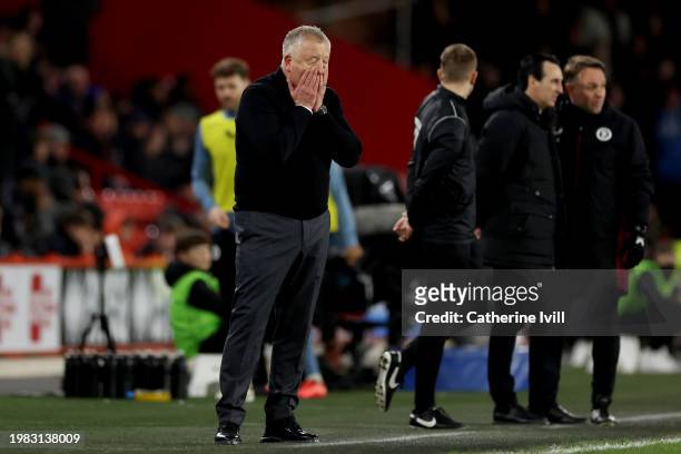 Chris Wilder, Manager of Sheffield United, looks dejected during the Premier League match between Sheffield United and Aston Villa at Bramall Lane on...