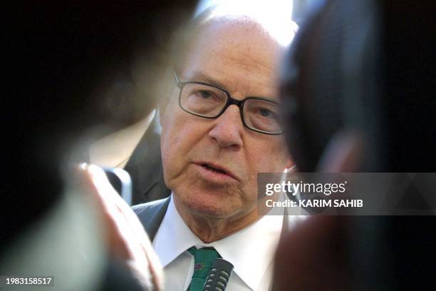 Hans Blix, chairman of the United Nations Monitoring, Verification and Inspection Commission speaks to the press upon his arrival in Baghdad with...