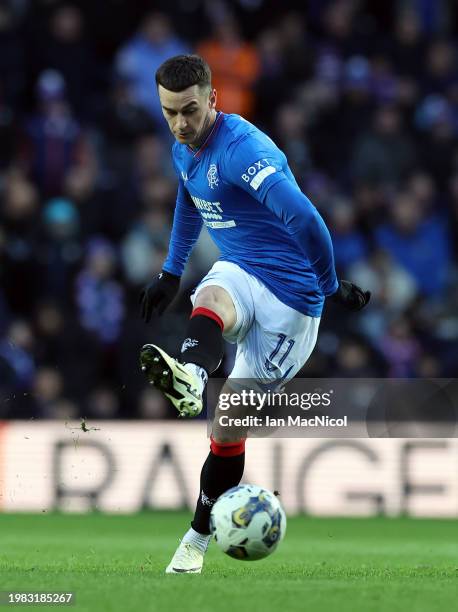 Tom Lawrence of Rangers is sen in action during the Cinch Scottish Premiership match between Rangers FC and Livingston FC at Ibrox Stadium on...