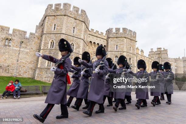 The Welsh Guards leave Windsor Castle following the Changing of the Guard ceremony on 6th February 2024 in Windsor, United Kingdom. It was announced...