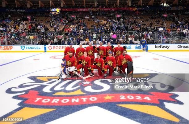 Team Hughes players pose for a group team photo prior to the 2024 Honda NHL All-Star Game at Scotiabank Arena on February 03, 2024 in Toronto,...