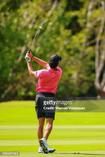 Captain Joaquin Niemann of Torque GC plays his second shot on the fifth hole during day two of the LIV Golf Invitational - Mayakoba at El Camaleon at...