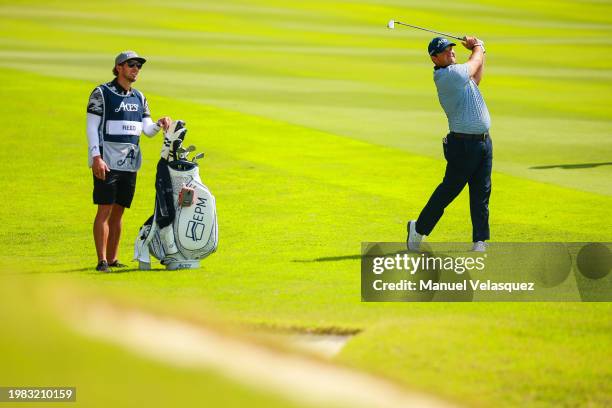 Patrick Reed of 4aces GC plays his second shot on the fifth hole during day two of the LIV Golf Invitational - Mayakoba at El Camaleon at Mayakoba on...