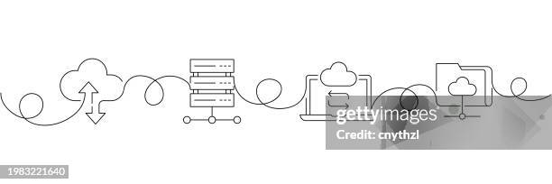 continuous one line drawing cloud computing icons concept. single line vector illustration. internet, technology, data, connection, upload, download. - data sharing stock illustrations