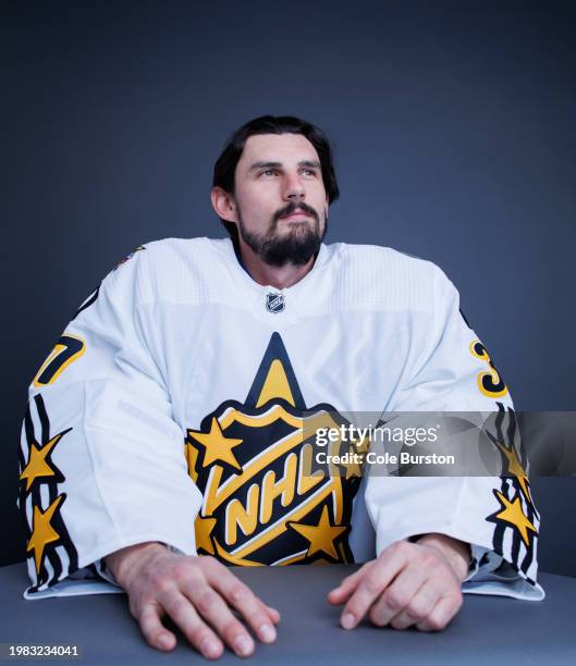 Connor Hellebuyck of the Winnipeg Jets poses for his portrait prior to the 2024 Honda NHL All-Star Game on February 03, 2024 in Toronto, Ontario.