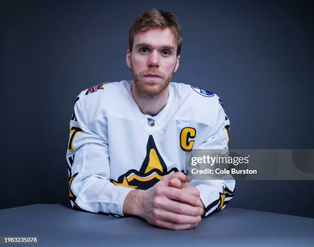 Connor McDavid of the Edmonton Oilers poses for his portrait prior to the 2024 Honda NHL All-Star Game on February 03, 2024 in Toronto, Ontario.