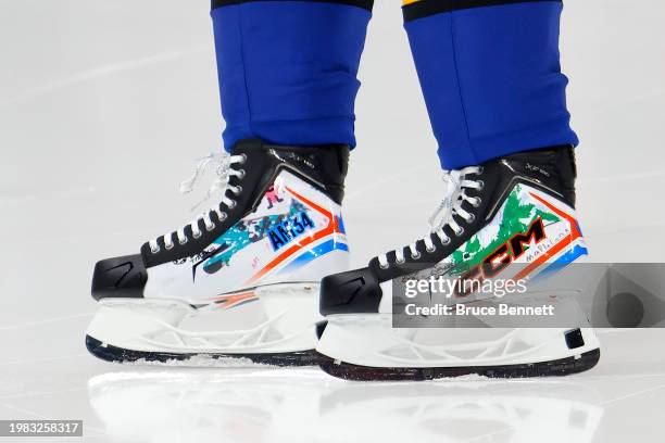 Detail view of Auston Matthews of the Toronto Maple Leafs skates during the 2024 Honda NHL All-Star Game on February 03, 2024 in Toronto, Ontario.