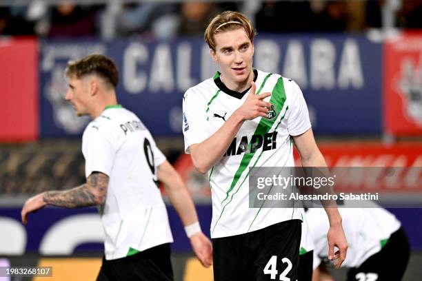 Kristian Thorstvedt of US Sassuolo celebrates scoring his team's first goal during the Serie A TIM match between Bologna FC and US Sassuolo at Stadio...