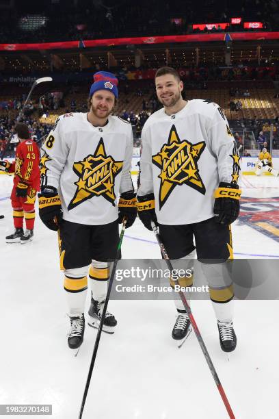 David Pastrnak of the Boston Bruins and Tomas Hertl of the San Jose Sharks pose for a photo during the 2024 Honda NHL All-Star Game on February 03,...