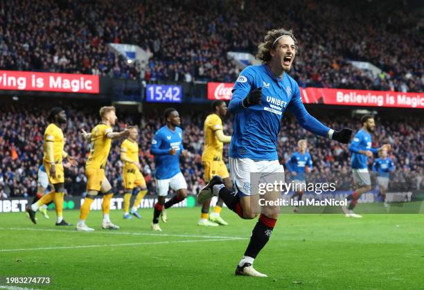 Fabio Silva of Rangers celebrates scoring the opening goal during the Cinch Scottish Premiership match between Rangers FC and Livingston FC at Ibrox...