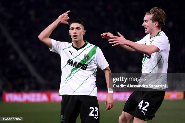 Cristian Volpato of US Sassuolo celebrates scoring his team's second goal with teammate Kristian Thorstvedt during the Serie A TIM match between...