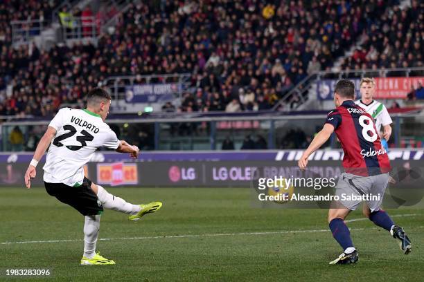 Cristian Volpato of US Sassuolo scores his team's second goal during the Serie A TIM match between Bologna FC and US Sassuolo at Stadio Renato...