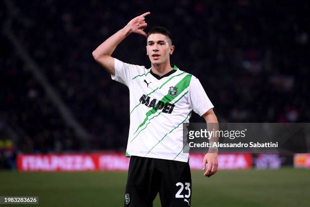 Cristian Volpato of US Sassuolo celebrates scoring his team's second goal during the Serie A TIM match between Bologna FC and US Sassuolo at Stadio...