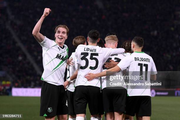 Kristian Thorstvedt of US Sassuolo celebrates after teammate, Cristian Volpato scores his team's second goal during the Serie A TIM match between...