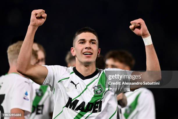 Cristian Volpato of US Sassuolo celebrates scoring his team's second goal during the Serie A TIM match between Bologna FC and US Sassuolo at Stadio...