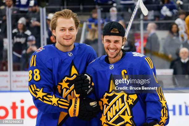 William Nylander of the Toronto Maple Leafs and Celebrity Captain Justin Bieber of Team Matthews poses for a photo prior to the 2024 Honda NHL...