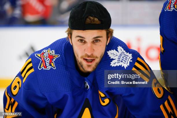 Celebrity Captain Justin Bieber of Team Matthews warms up prior to the 2024 Honda NHL All-Star Game on February 03, 2024 in Toronto, Ontario.