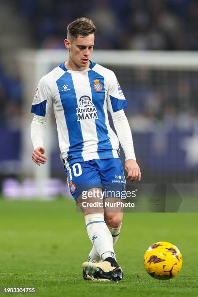 Pol Lozano of RCD Espanyol is in action during the Spanish La Liga Hipermotion football match between RCD Espanyol and UD Levante at Stage Front...