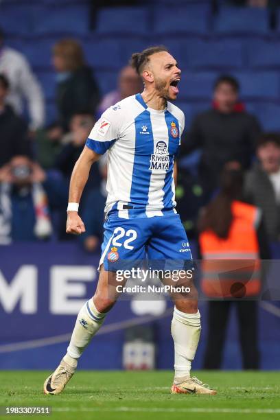 Martin Braithwaite of RCD Espanyol is celebrating a goal during the Spanish La Liga Hipermotion football match between RCD Espanyol and UD Levante at...