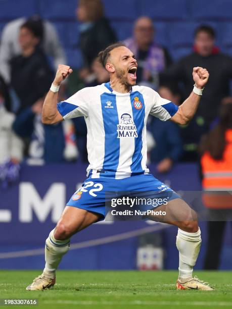 Martin Braithwaite is celebrating a goal for RCD Espanyol during the Spanish La Liga Hipermotion football match against UD Levante at Stage Front...