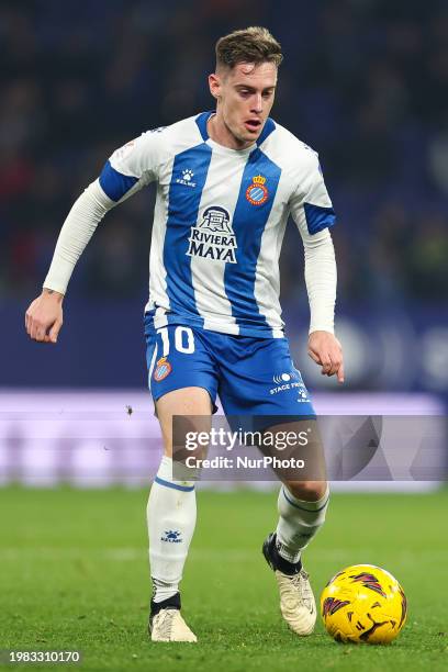 Pol Lozano of RCD Espanyol is in action during the Spanish La Liga Hipermotion football match between RCD Espanyol and UD Levante at Stage Front...