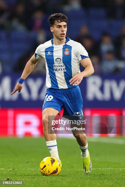 Alvaro Aguado of RCD Espanyol is controlling the ball during the Spanish La Liga Hipermotion football match between RCD Espanyol and UD Levante at...