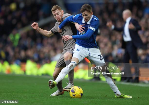 James Garner of Everton battles for the ball with Dejan Kulusevski of Tottenham Hotspur during the Premier League match between Everton FC and...