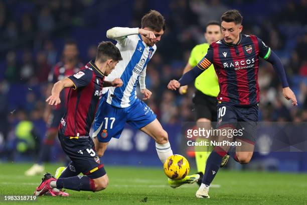 Jofre Carreras of RCD Espanyol is competing against Pablo Martinez of Levante during the Spanish La Liga Hipermotion football match between RCD...