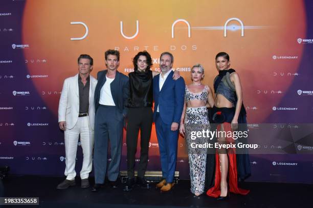 February 05 Mexico City, Mexico: Josh Brolin, Austin Butler, Timothée Chalame, Denis Villeneuve, Florence Pugh and Zendaya attend the photocall for...