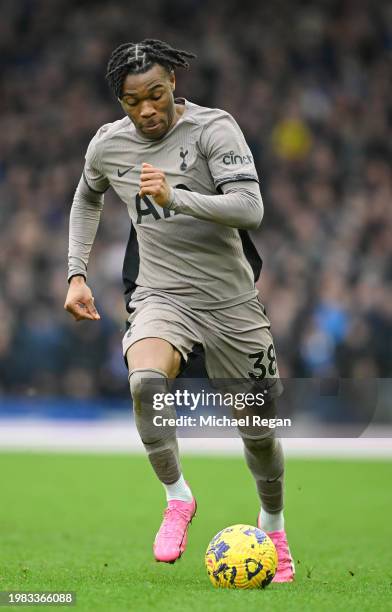 Destiny Udogie of Spurs in action during the Premier League match between Everton FC and Tottenham Hotspur at Goodison Park on February 03, 2024 in...