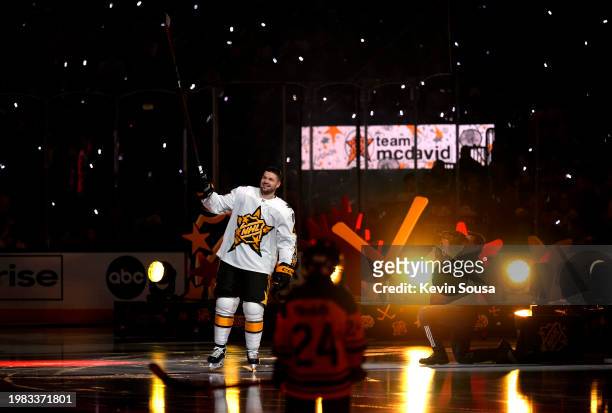 Tomas Hertl of the San Jose Sharks of Team McDavid salutes the crowd after being introduced during the 2024 Honda NHL All-Star Game at Scotiabank...