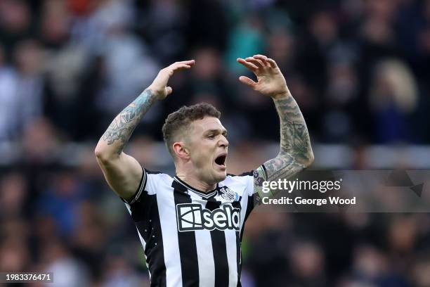 Kieran Trippier of Newcastle United celebrates scoring his team's third goal during the Premier League match between Newcastle United and Luton Town...