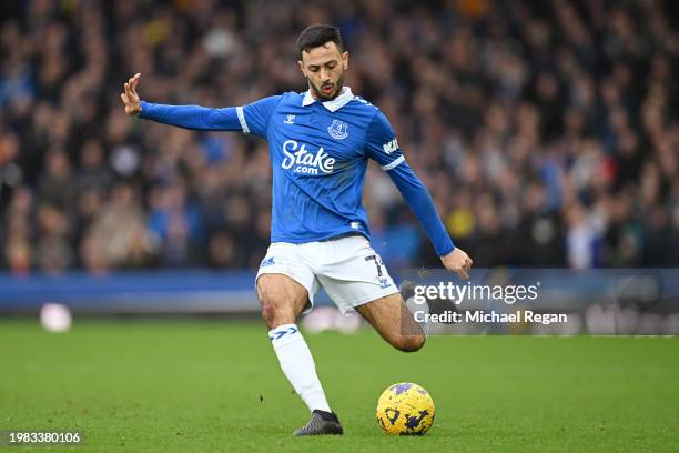 Dwight McNeil of Everton in action during the Premier League match between Everton FC and Tottenham Hotspur at Goodison Park on February 03, 2024 in...