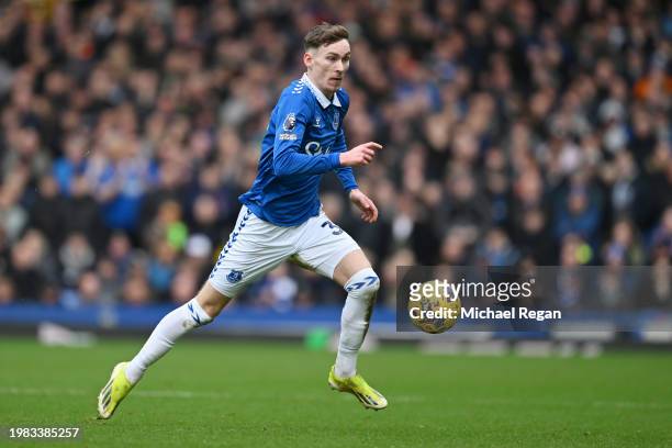 James Garner of Everton in action during the Premier League match between Everton FC and Tottenham Hotspur at Goodison Park on February 03, 2024 in...