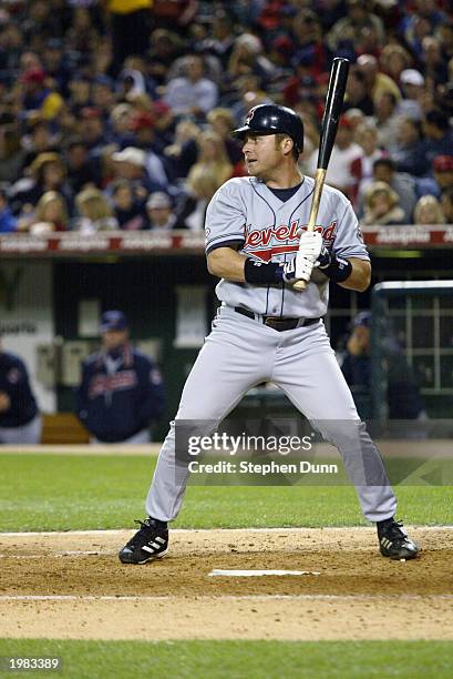 Karim Garcia of the Cleveland Indians bats versus the Anaheim Angels on April 13, 2003 at Edison Field in Anaheim, California. The Angels won 6-1.