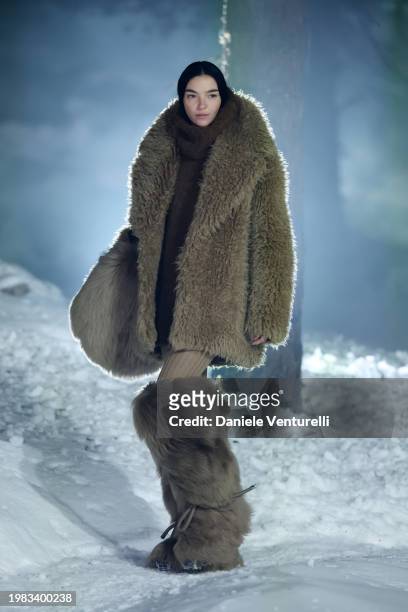 Mariacarla Boscono walks the runway during the Moncler Grenoble Fall Winter 2024 Fashion Show on February 03, 2024 in St Moritz, Switzerland.