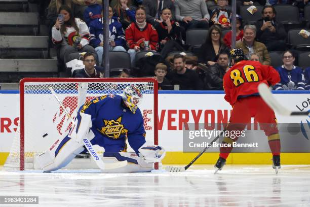 Nikita Kucherov of the Tampa Bay Lightning scores against Jake Oettinger of the Dallas Stars during the game between Team Matthews and Team Hughes...