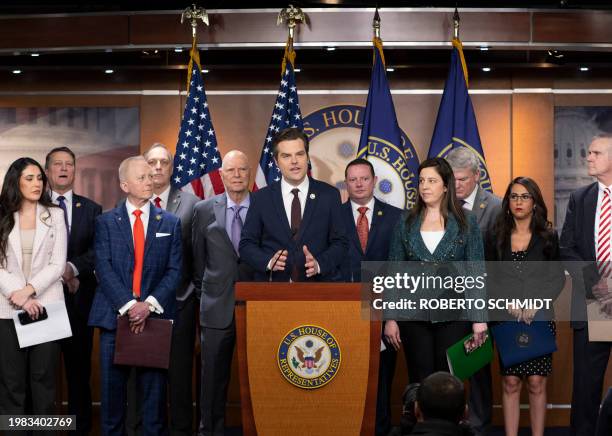 Representative Matt Gaetz, Republican of Florida, holds a press conference to discuss the introduction of a resolution stating former 'President...