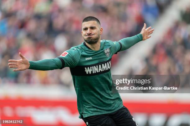 Deniz Undav of VfB Stuttgart celebrates after scoring his team’s first goal during the Bundesliga match between Sport-Club Freiburg and VfB Stuttgart...