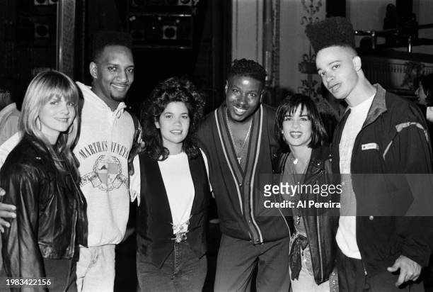 Kid 'N Play meet backstage with Expose when they perform at the Apollo Theater at a taping of "Showtime At The Apollo" on September 24, 1989 in New...