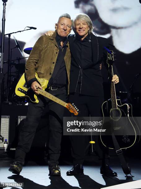 Bruce Springsteen and Honoree Jon Bon Jovi perform during the 2024 MusiCares Person of the Year Honoring Jon Bon Jovi during the 66th GRAMMY Awards...