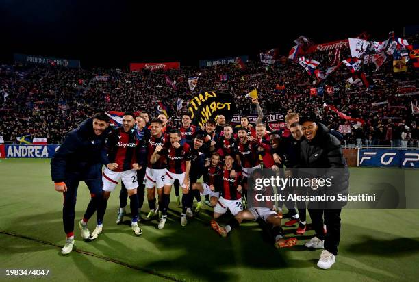 Bologna FC players celebrate in front of their fans after the Serie A TIM match between Bologna FC and US Sassuolo at Stadio Renato Dall'Ara on...