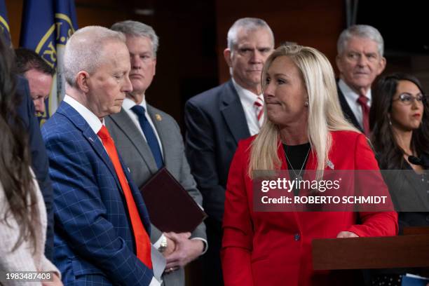 Representative Representative Marjorie Taylor Greene , Republican of Georgia, and Representative Jeff Van Drew , Republican of New Jersey, attend a...