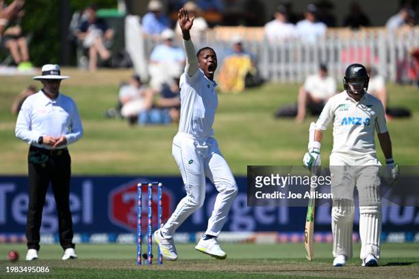 Tshepo Moreki of South Africa successfully appeals for the wicket of Devon Conway during day one of the First Test in the series between New Zealand...