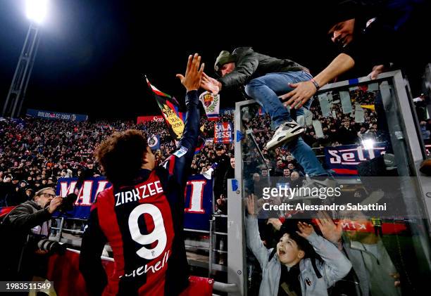 Joshua Zirkzee of Bologna FC celebrates with fans after the Serie A TIM match between Bologna FC and US Sassuolo at Stadio Renato Dall'Ara on...