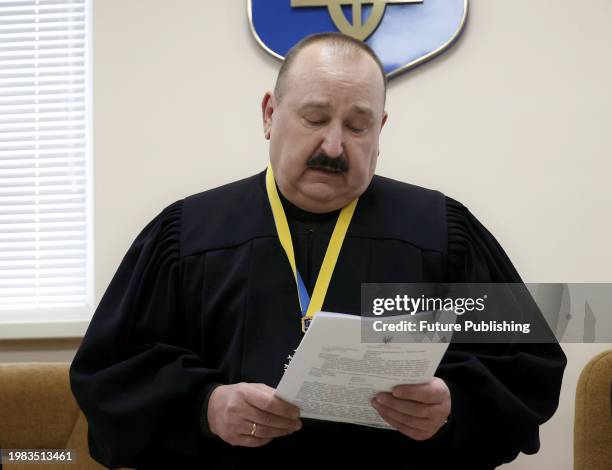 Judge Ihor Semiriad delivers the verdict in the case of former police officer Oleksandr Solovei accused of collaborating with the Russian occupation...