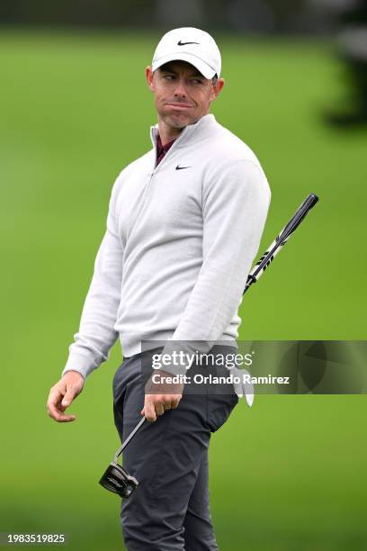 Rory McIlroy of Northern Ireland reacts after a putt on the 16th green during the AT&T Pebble Beach Pro-Am at Pebble Beach Golf Links on February 03,...