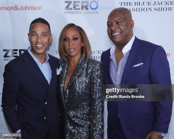 Don Lemon, Rodney Peete and Holly Robinson Peete attend the 8th Annual Blue Jacket Fashion Show at Moonlight Studios on February 01, 2024 in New York...